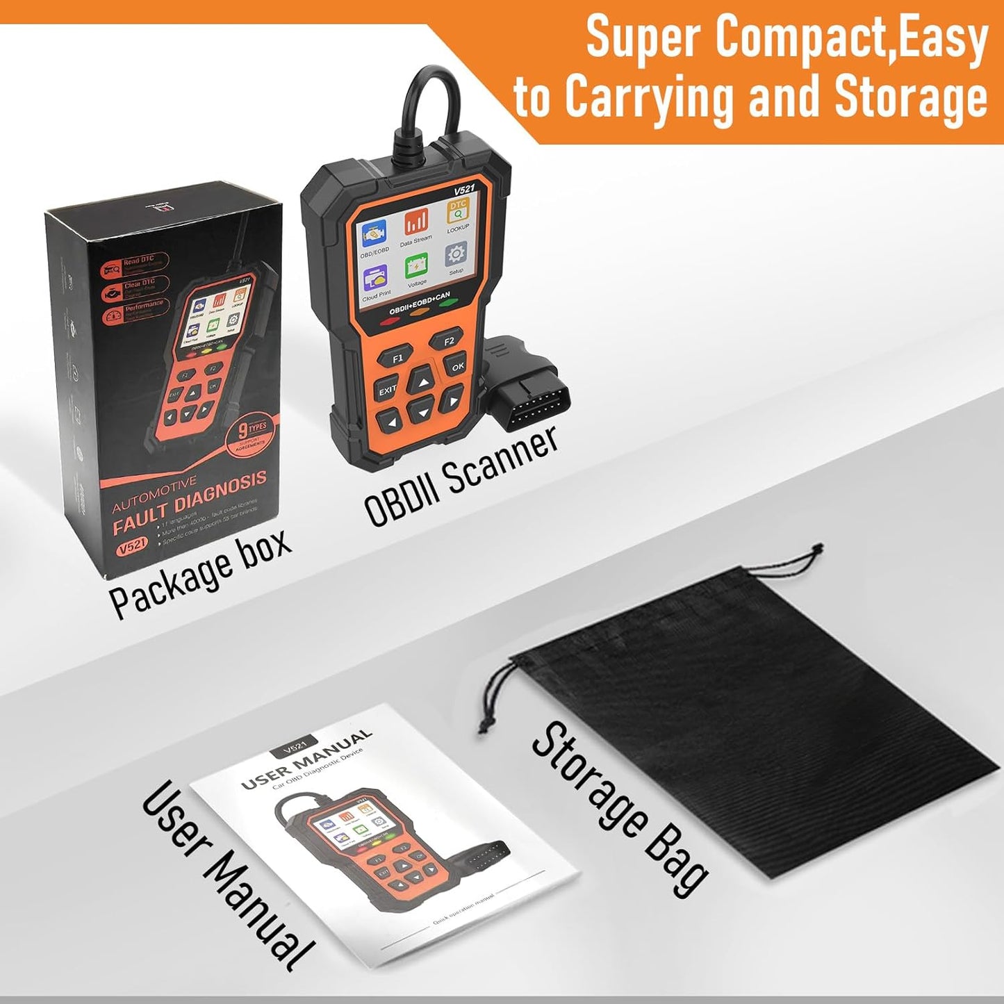 WEJOWE V521 OBD2 Scanner – Super compact and portable design with a sleek package box, user manual, and storage bag. Perfect for easy carrying and storage during vehicle diagnostics.
