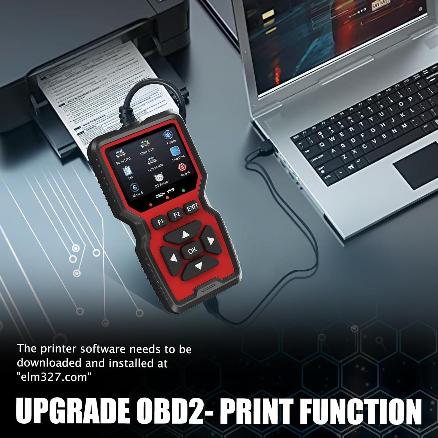 WEJOWE OBD2 Scanner with upgrade print function displayed on a desk next to a laptop and printer. This advanced diagnostic tool offers features like reading DTCs, clearing codes, and monitoring live data, making it perfect for both professionals and DIY car enthusiasts.