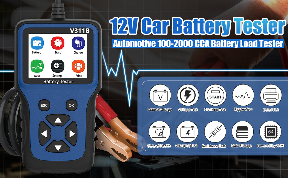 12V car battery tester automotive 100-2000 CCA load tester with state of charge, voltage test, cranking test, ripple view, data print features.