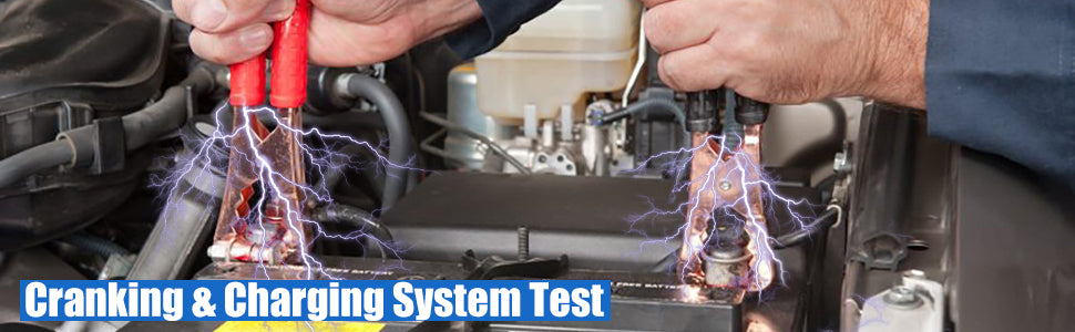 Cranking and charging system test with battery clamps for automotive diagnostics.