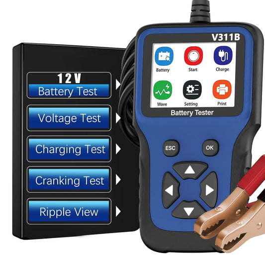WEJOWE 12V Battery Tester V311B - Voltage, Charging, Cranking, and Ripple Test Functions.