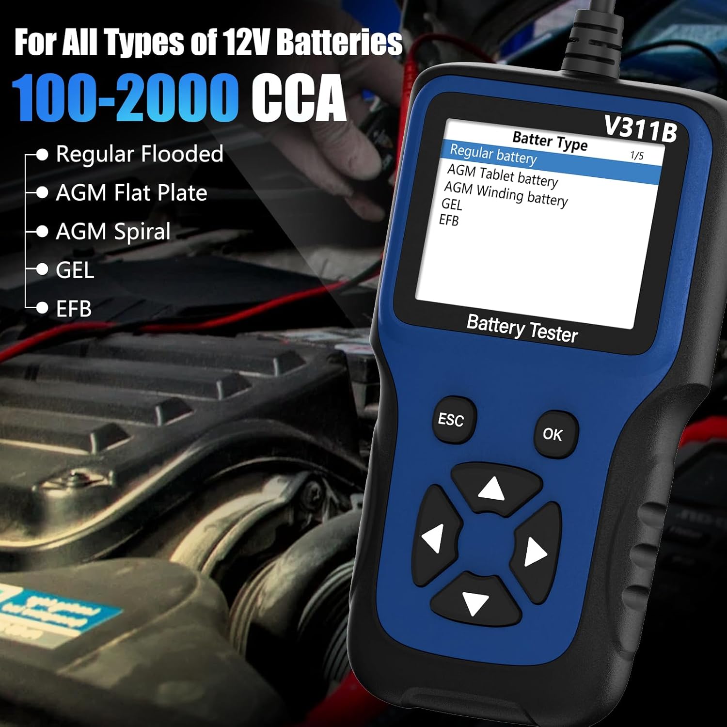 WEJOWE V311B Battery Tester - Compatible with 12V Batteries, 100-2000 CCA, AGM, GEL, and EFB Types.