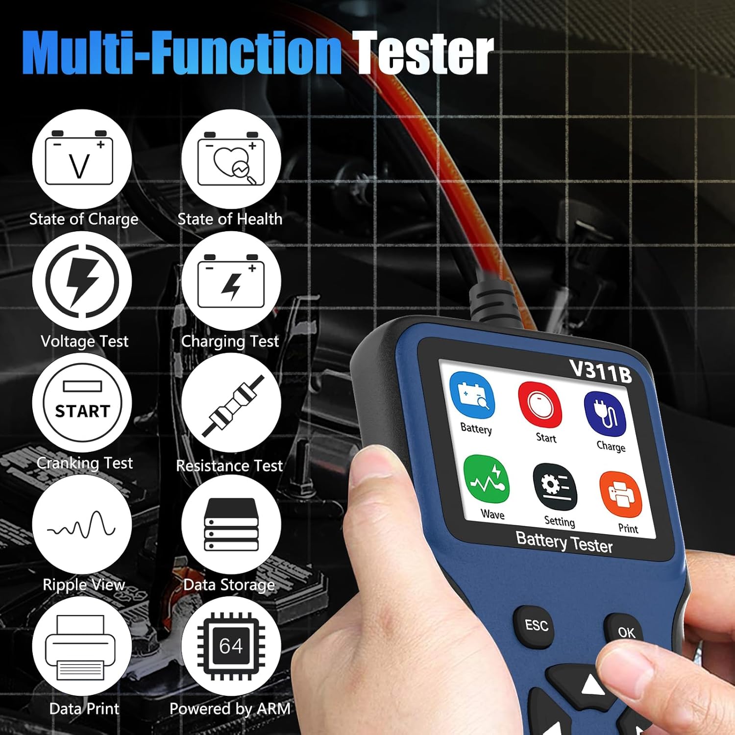 WEJOWE V311B Multi-Function Battery Tester - Voltage, Cranking, Charging, and Resistance Tests.