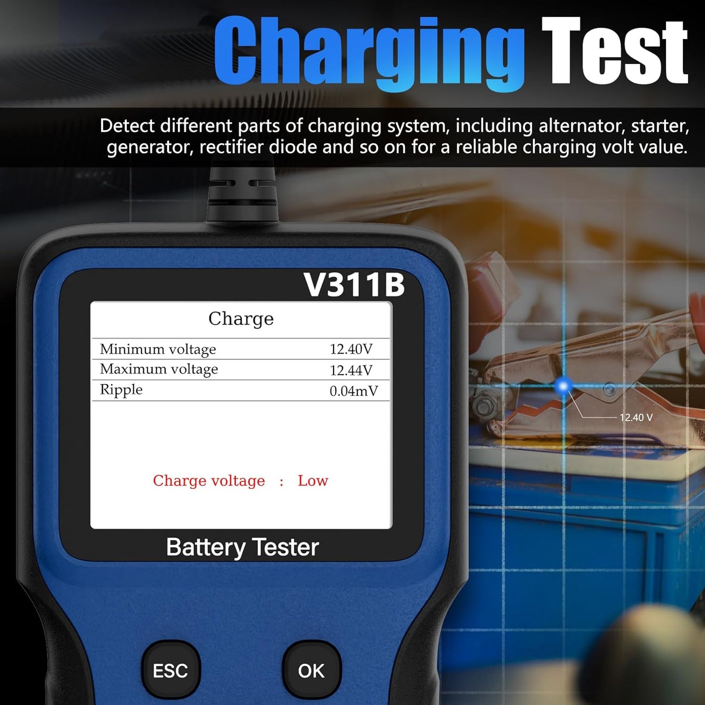 WEJOWE V311B Battery Tester - Charging System Test with Voltage and Ripple Measurements.