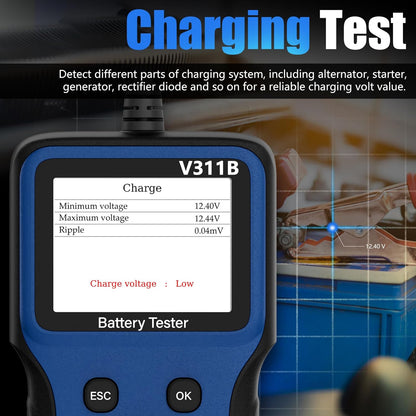 WEJOWE V311B Battery Tester - Charging System Test with Voltage and Ripple Measurements.