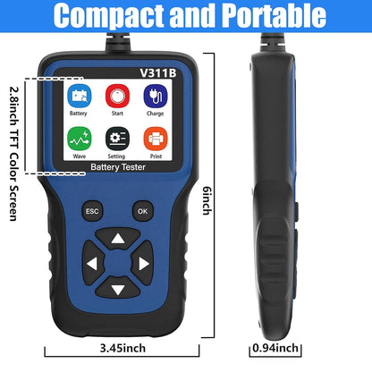 WEJOWE V311B Compact and Portable Battery Tester with Dimensions and TFT Color Screen.