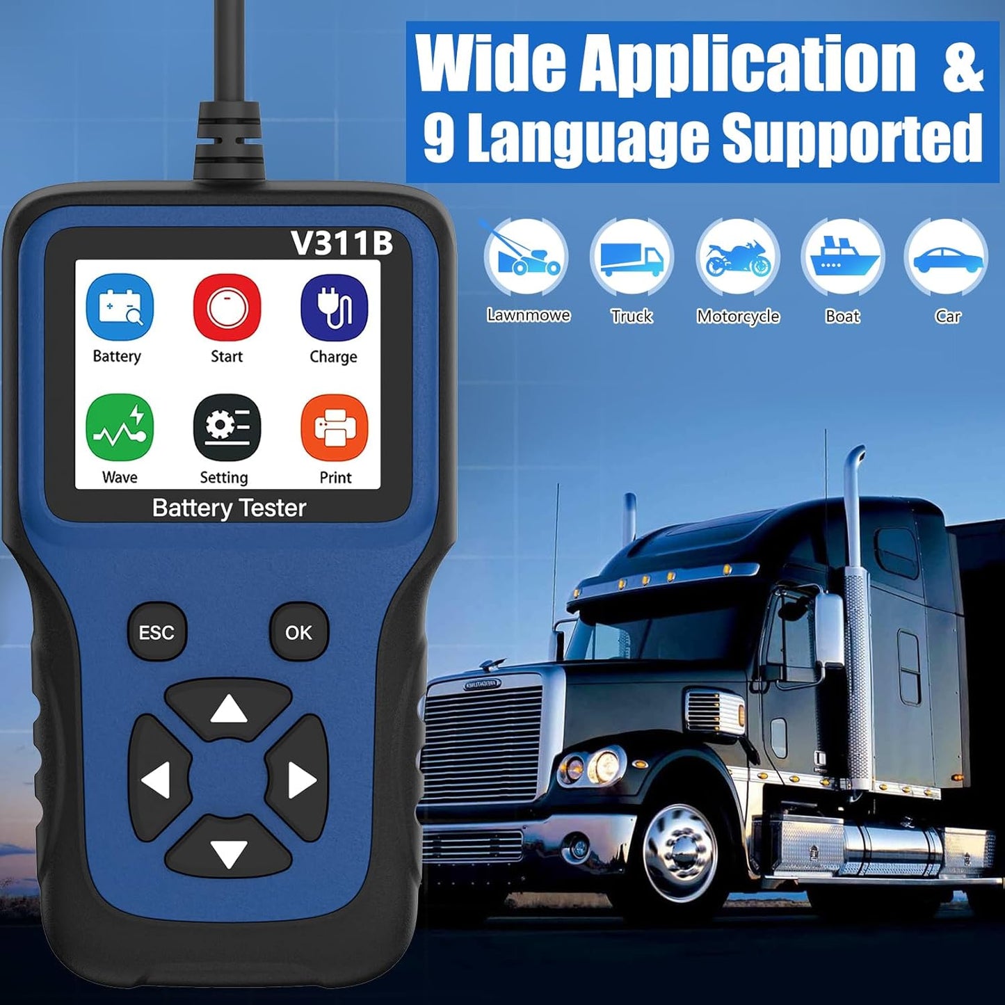 WEJOWE V311B Battery Tester Wide Application with 9 Language Support for Trucks, Cars, Boats, and More.