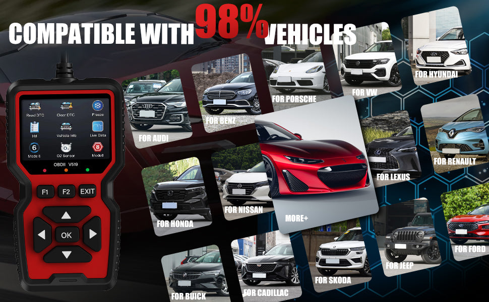 WEJOWE OBD2 Scanner compatibility with 98% vehicles including Audi, Benz, Porsche, VW, Hyundai, Honda, Nissan, Lexus, Renault, Ford, Jeep, Cadillac, Skoda, and Buick.