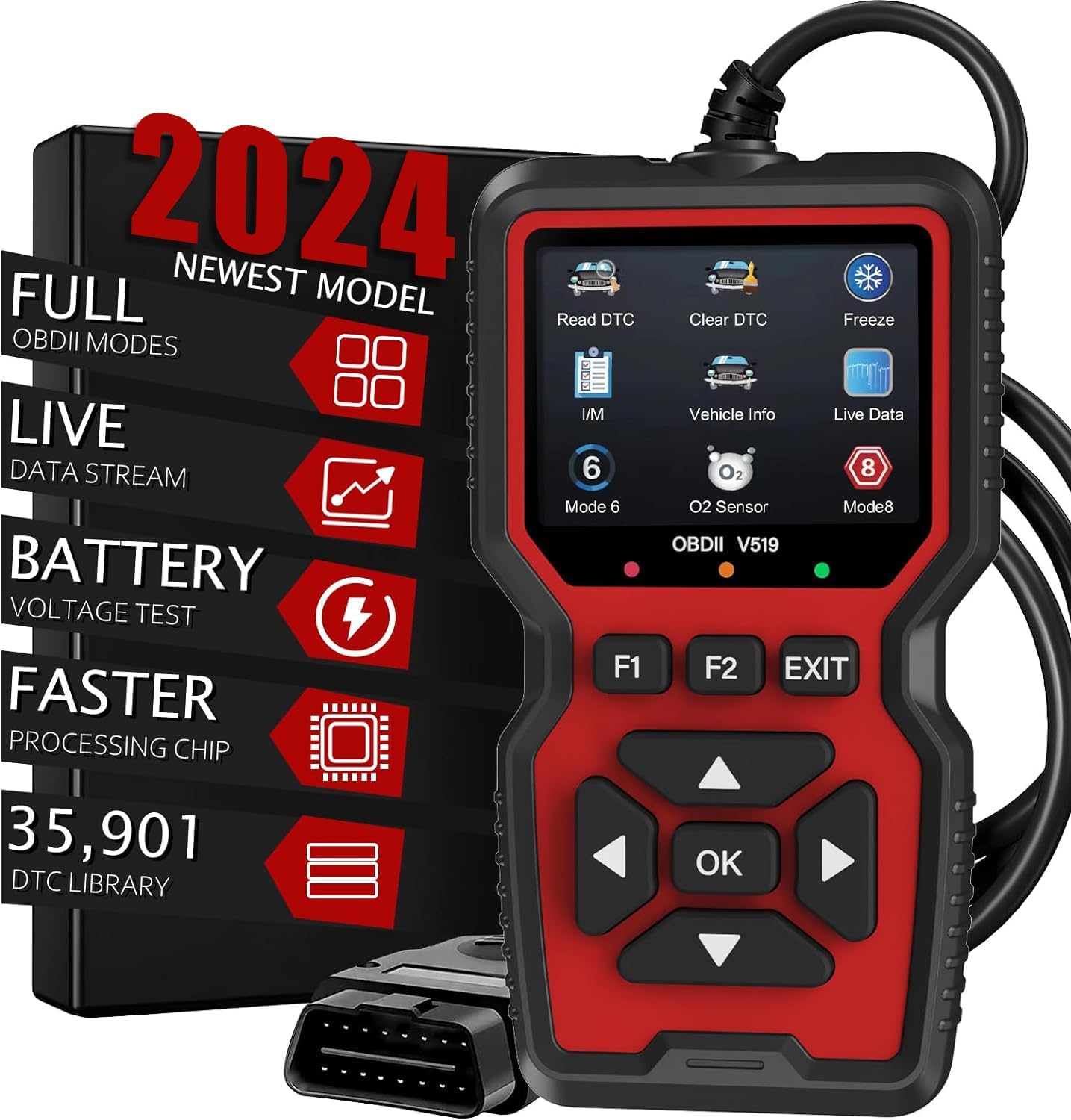 WEJOWE OBDII V519 2024 Model Diagnostic Scanner with Full OBDII Modes, Live Data Stream, Battery Voltage Test, Faster Processing Chip, and 35,901 DTC Library