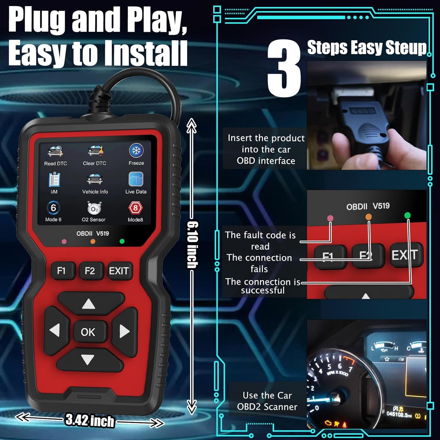 WEJOWE OBD2 Scanner with plug-and-play design, easy 3-step installation process, and compact dimensions for convenient vehicle diagnostics
