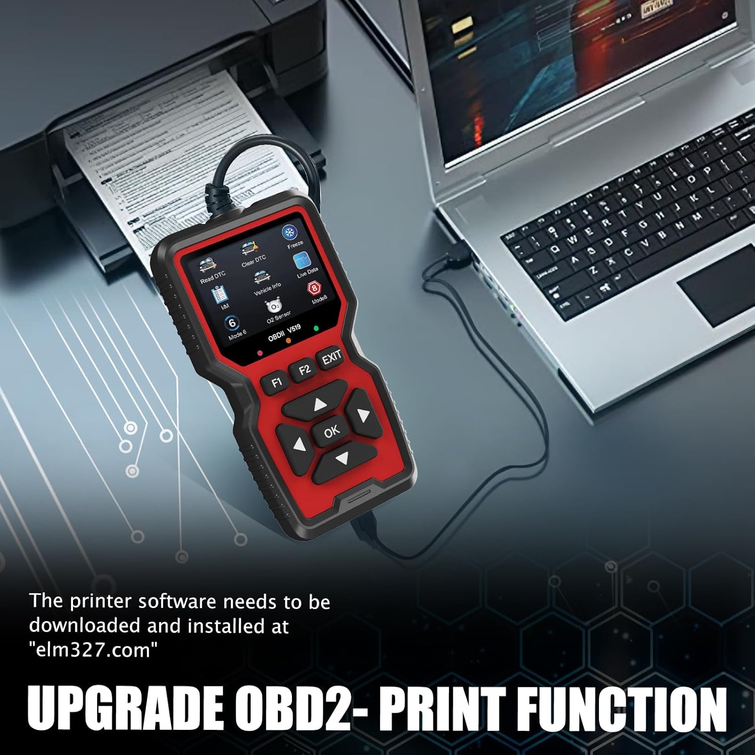 WEJOWE OBD2 Scanner with upgraded print function, connected to a laptop and printer for detailed diagnostic report printing